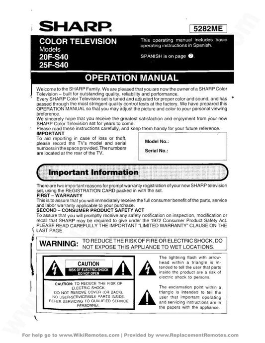 Sharp 20FS40 25FS40 Consumer Electronics Operating Manual