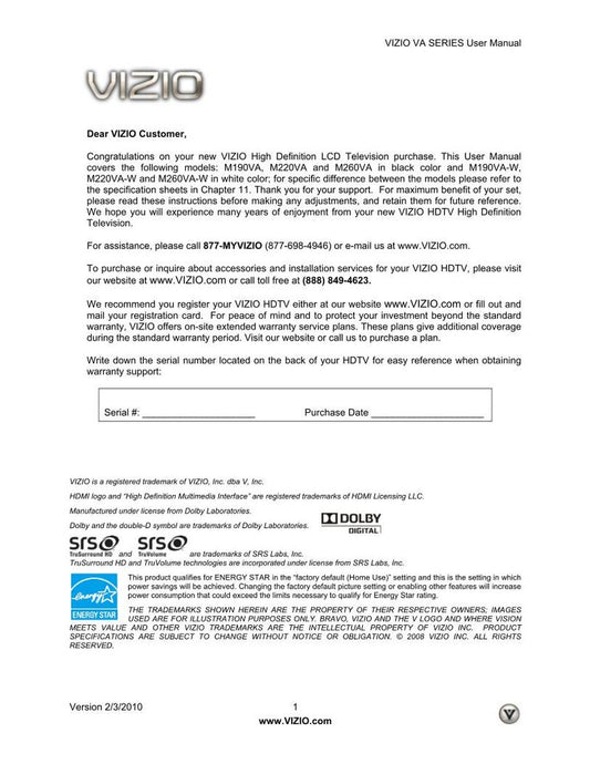 Vizio M190VA M220VA M260VA TV Operating Manual