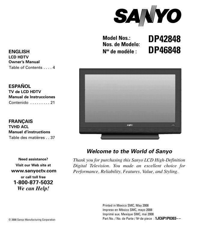 Sanyo DP42848 DP46848 TV Operating Manual