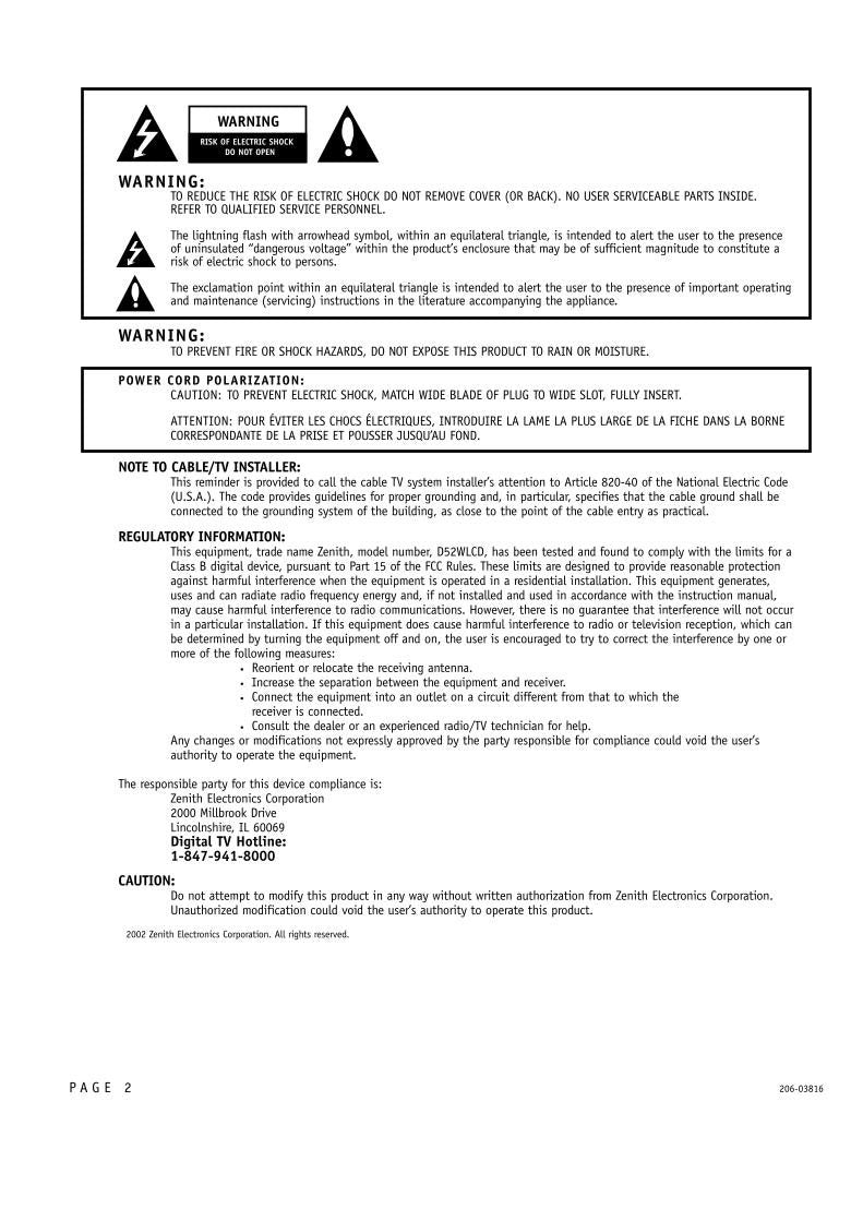 Zenith D52WLCD D52WLCD4 Home Theater System Operating Manual