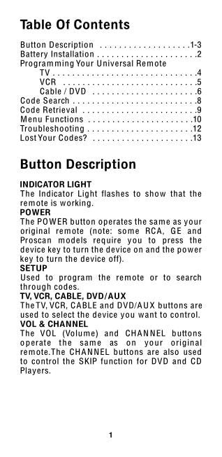 GE General Electric RC24904 RC94904 RC94904c Universal Remote Control Operating Manual