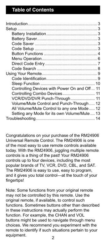 GE General Electric RC94906 RM24906 RM94906 Universal Remote Control Operating Manual