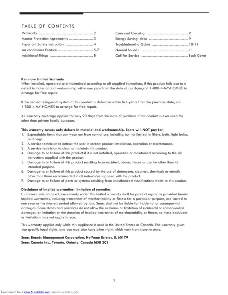 Kenmore 25370151 Air Conditioner Unit Operating Manual