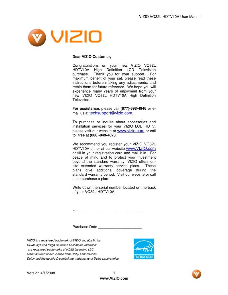 Vizio VO32L TV Operating Manual