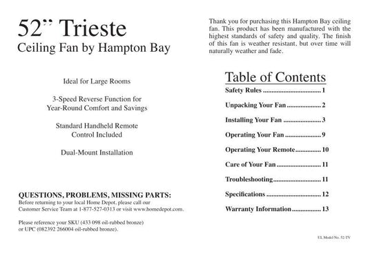 Hampton Bay 26600 Trieste 52 in. Ceiling Fan Ceiling Fan Operating Manual