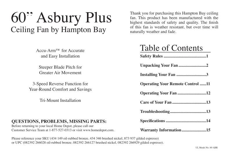 Hampton Bay 26602 Asbury 60 in. Ceiling Fan Ceiling Fan Operating Manual