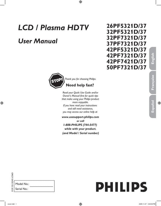 Philips 26HF5334D 26PF5321D 26PF5321D/37 TV Operating Manual