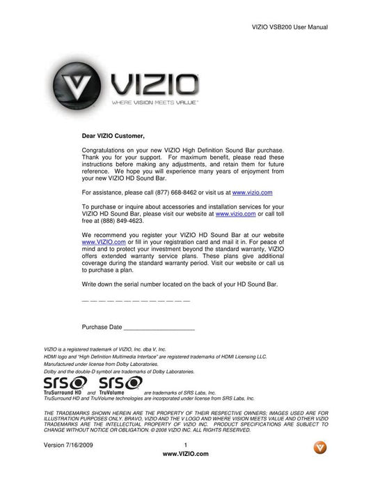 Vizio VSB200 Sound Bar System Operating Manual