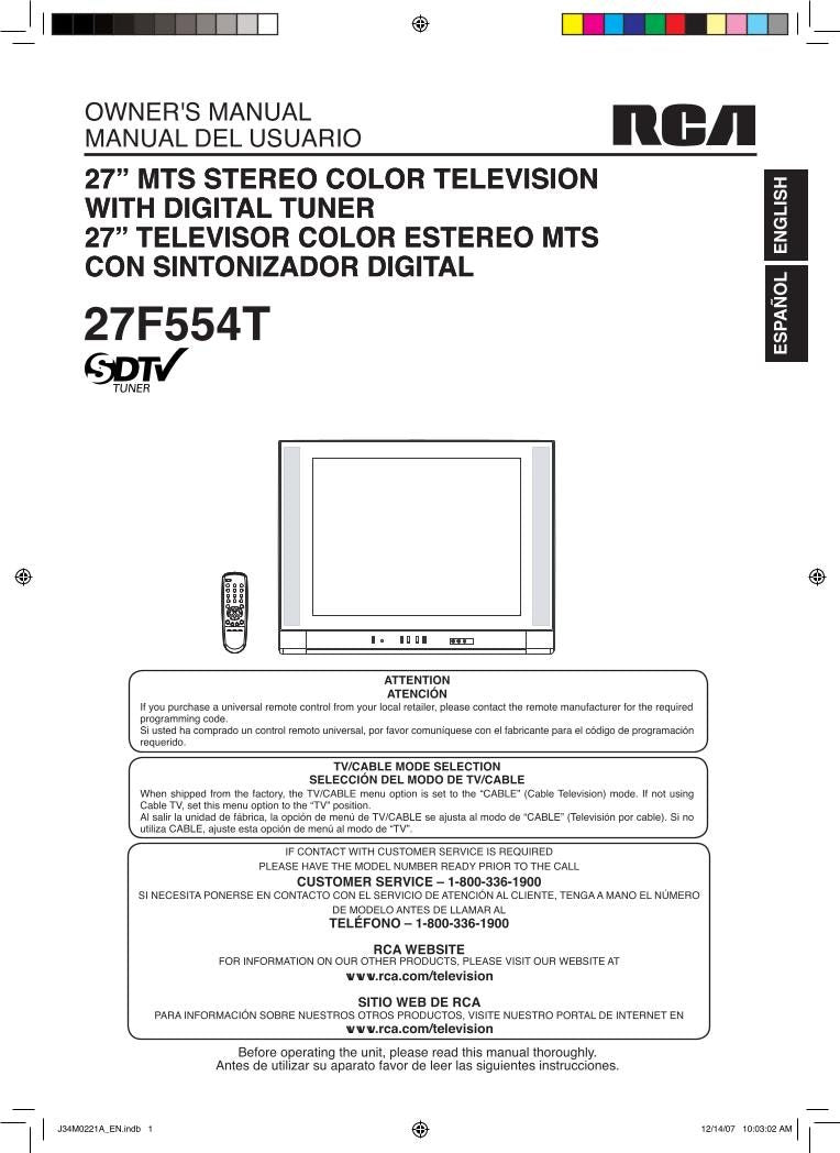 RCA 27F554T TV Operating Manual