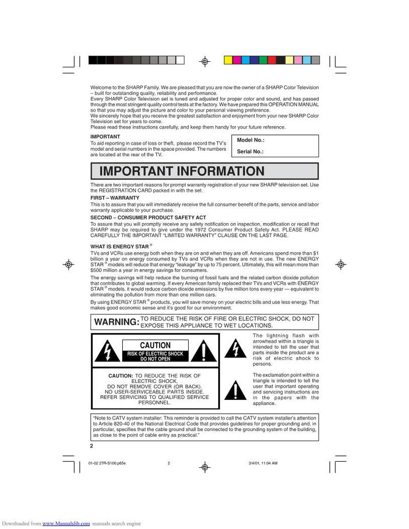 Sharp 27LS100 27LS100B TV Operating Manual