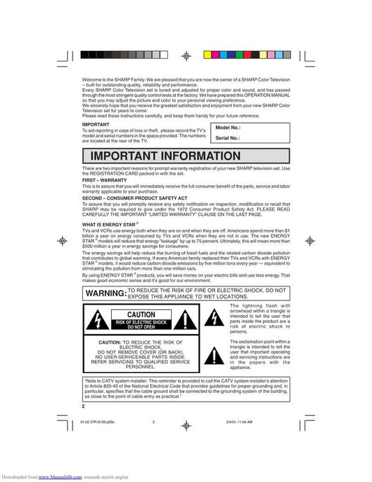 Sharp 27LS100 27LS100B TV Operating Manual