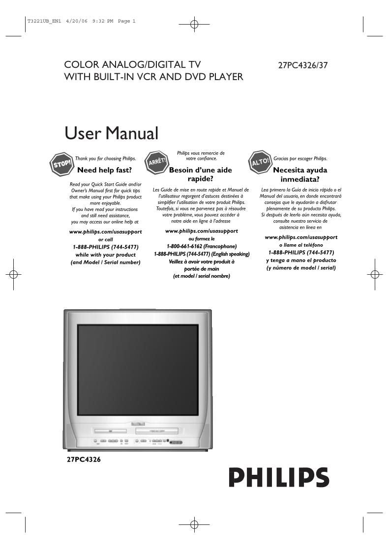 Philips 27PC4326/37 27PC432637 TV/VCR/DVD Combo Operating Manual