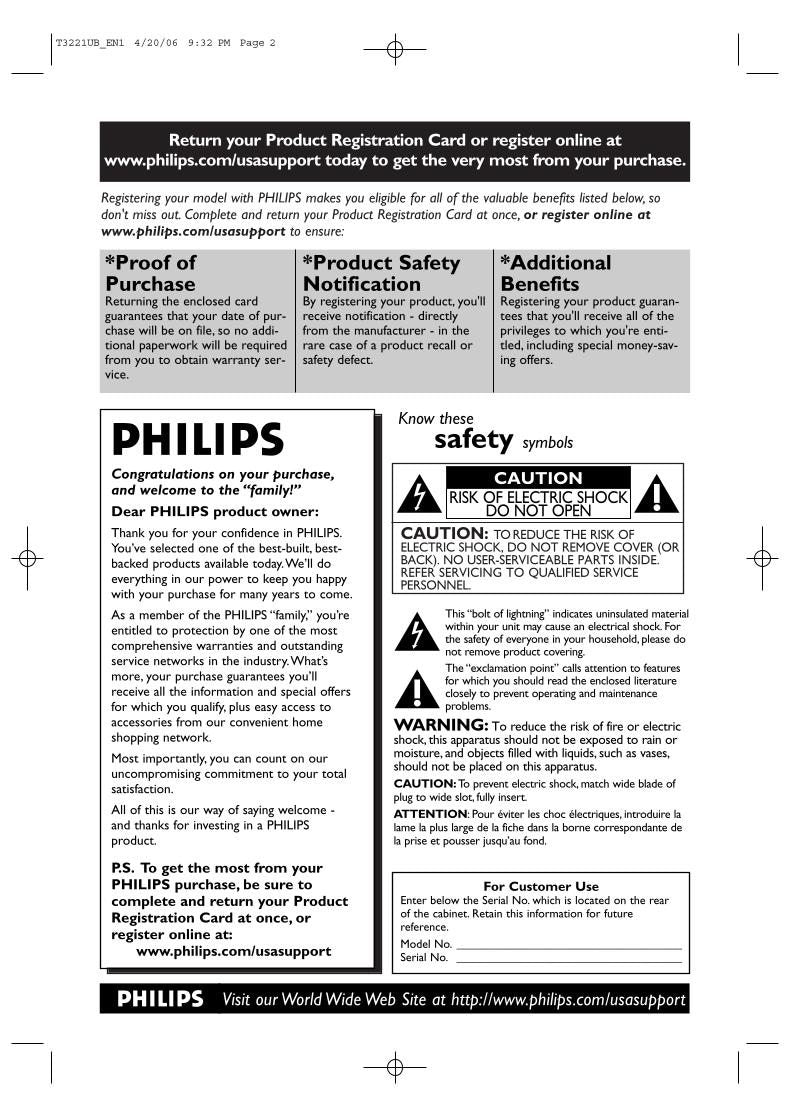 Philips 27PC4326/37 27PC432637 TV/VCR/DVD Combo Operating Manual