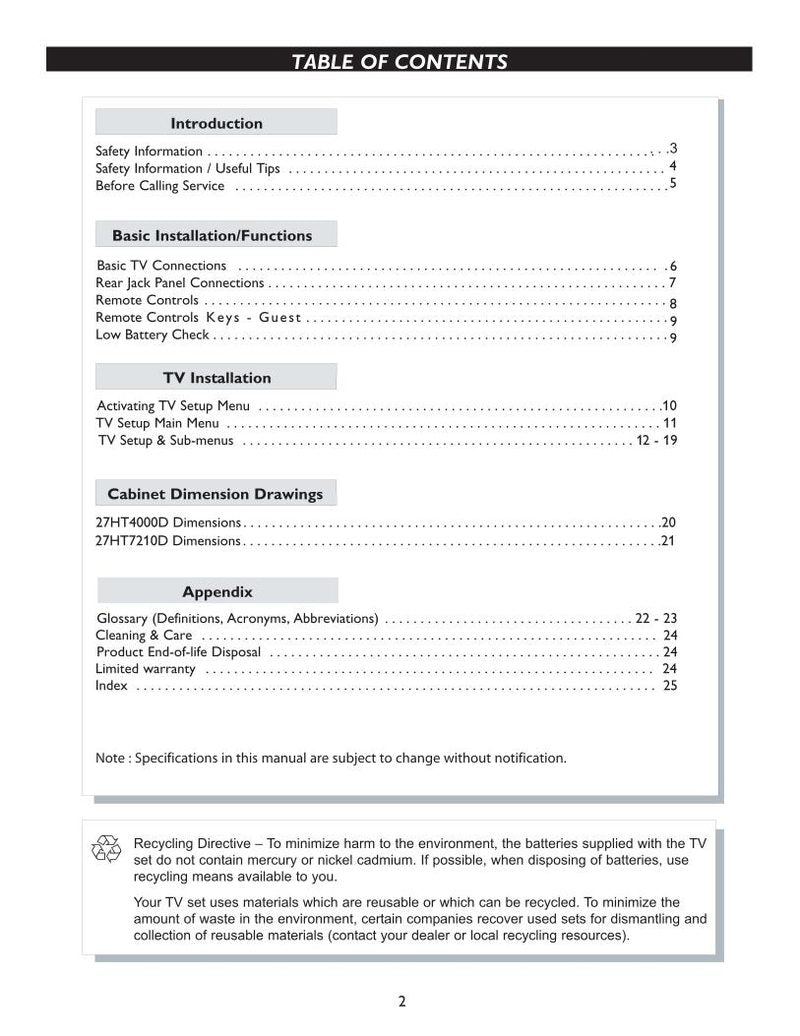 Philips 27HT4000D 27HT7210D 27HT7210D27 TV Operating Manual