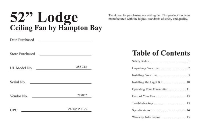 Hampton Bay 285313 Lodge 52in Ceiling Fan Operating Manual