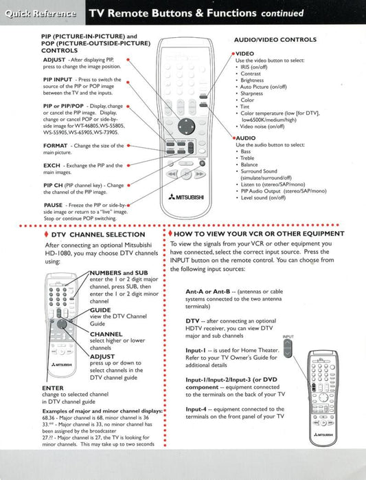 Mitsubishi 290P098020 Quick Reference Guide Universal Remote Control Operating Manual