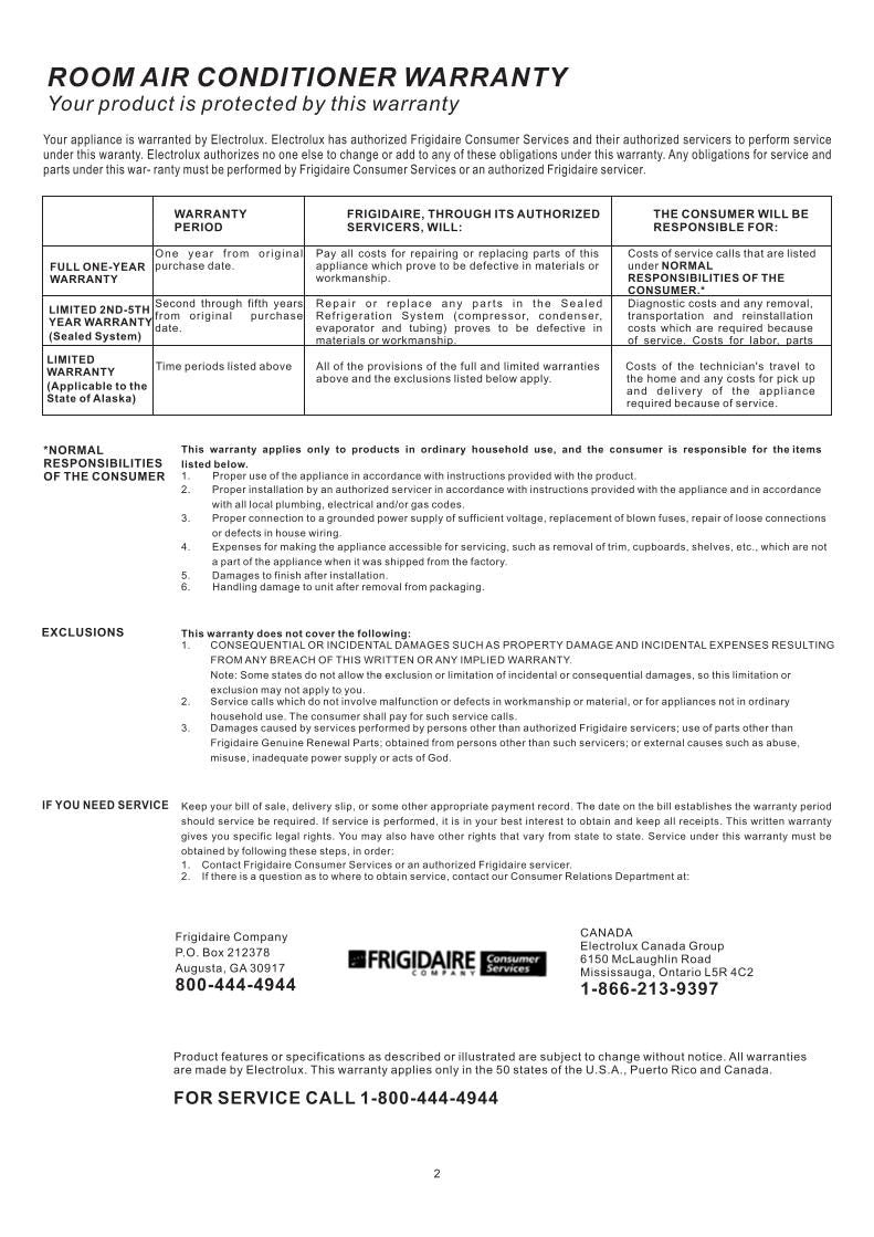 Frigidaire FAC126 N1 A1 Air Conditioner Unit Operating Manual