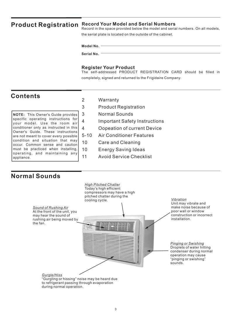 Frigidaire FAC126 N1 A1 Air Conditioner Unit Operating Manual