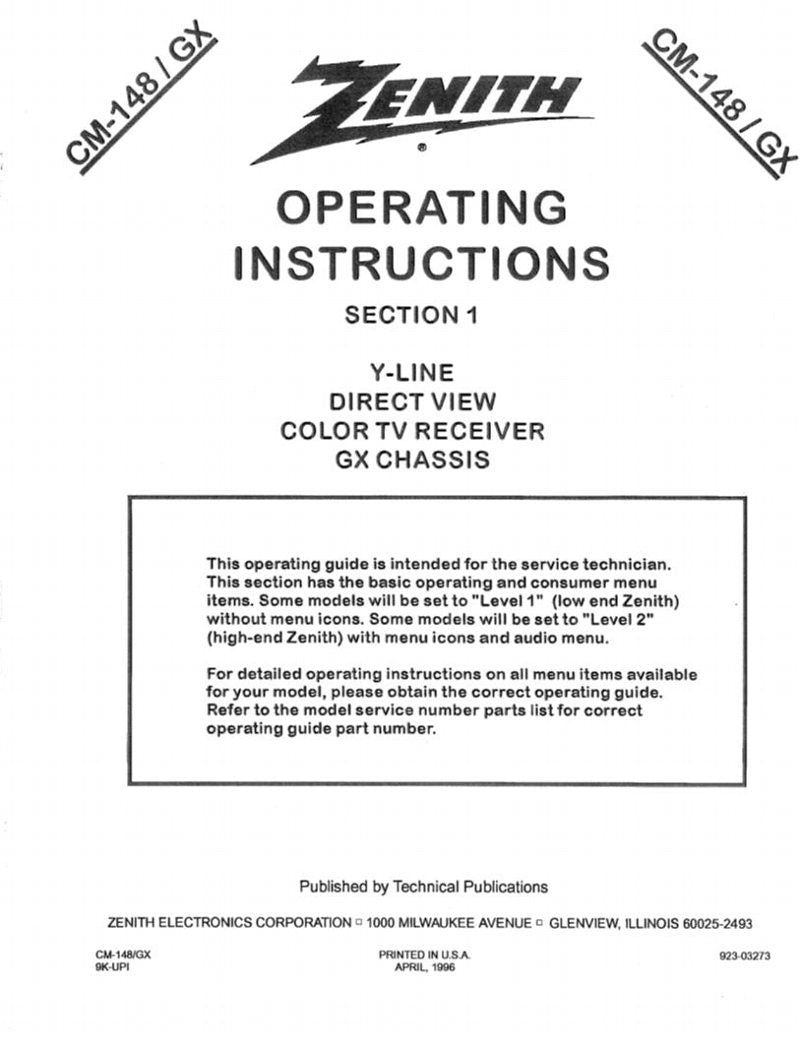 Zenith SY1931SG SY1949Y SY1949YM TV Operating Manual