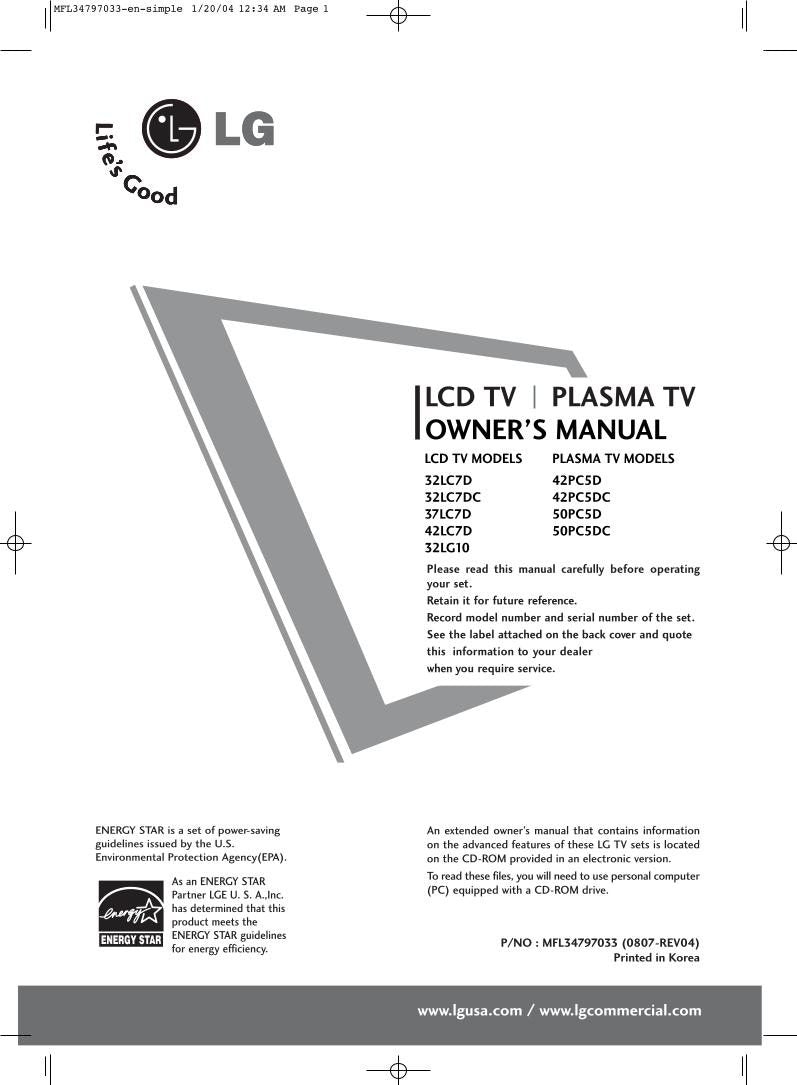 LG 32LC7D 37LC7D 42LC7D Consumer Electronics Operating Manual