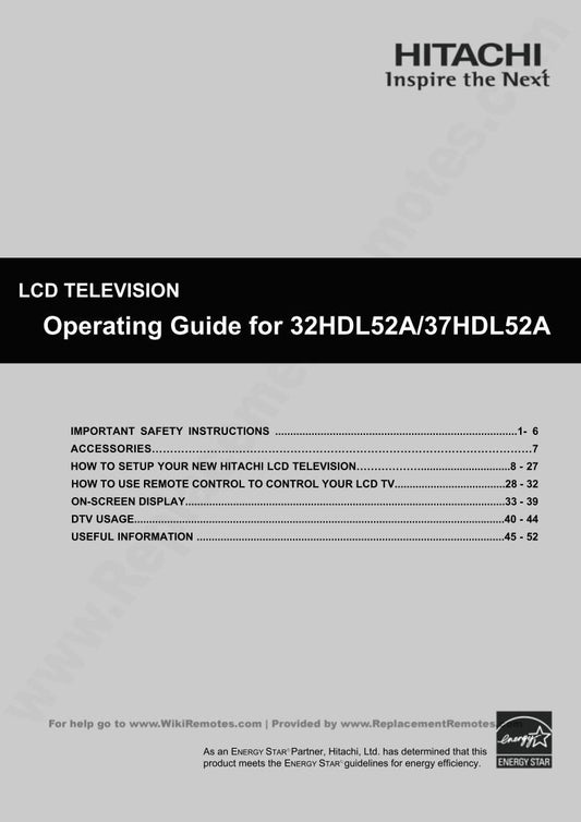 Hitachi 32 HDL 52A 37 TV Operating Manual