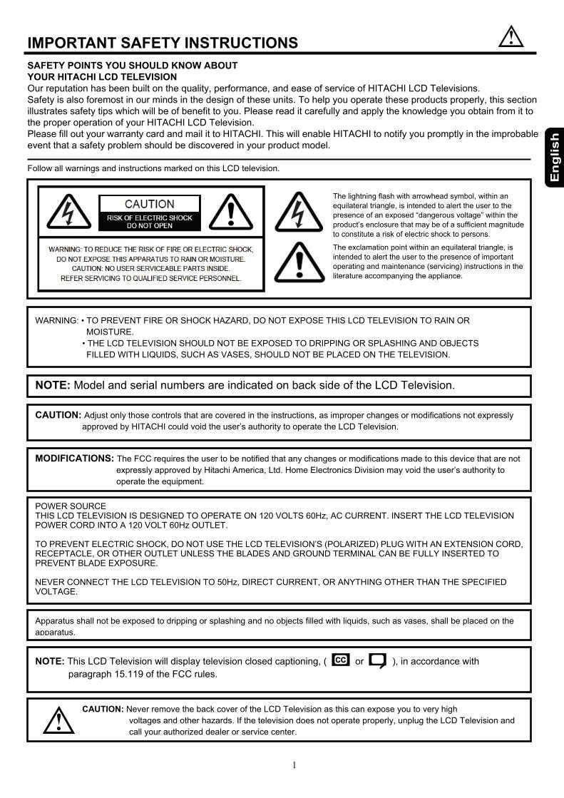 Hitachi 32 HDL 52A 37 TV Operating Manual