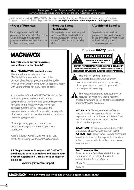 Magnavox 26MF330B 32MF330B 32MF330B/F7 TV Operating Manual