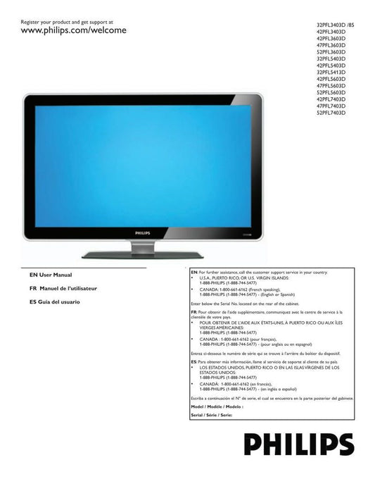 Philips 32PFL3403D 32PFL3403D/27 32PFL3403D/85 TV Operating Manual