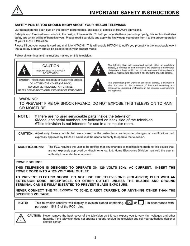 Hitachi 32 UDX 10S 36 TV Operating Manual
