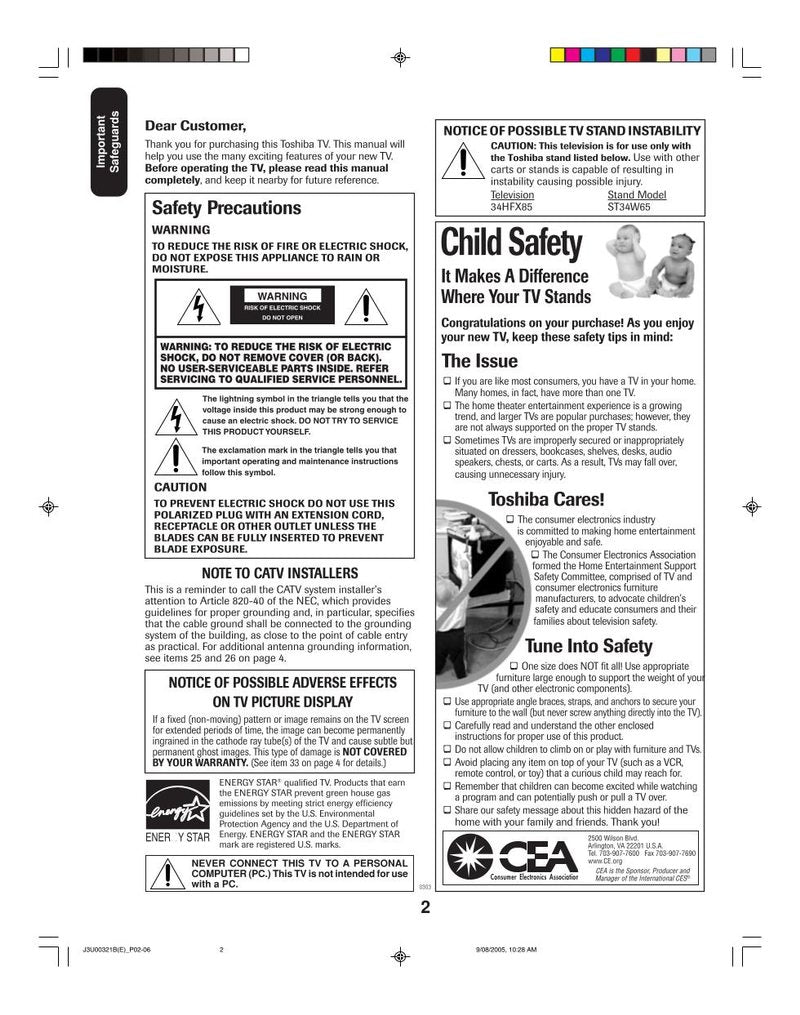 Toshiba 34HFX85 TV Operating Manual