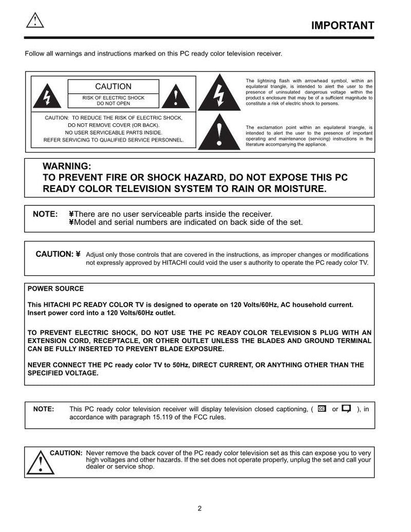 Hitachi 36 SDX 88B TV Operating Manual