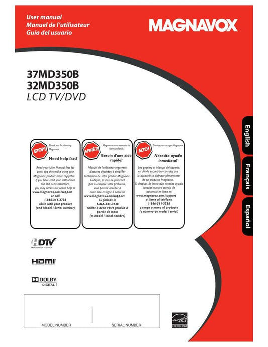 Magnavox 32 MD 350B 350B/F7 37 TV/DVD Combo Operating Manual