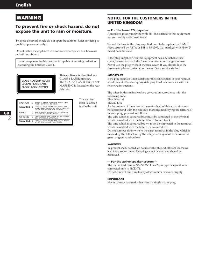 Sony HCDT1 SAN1 SAN11 Audio System Operating Manual