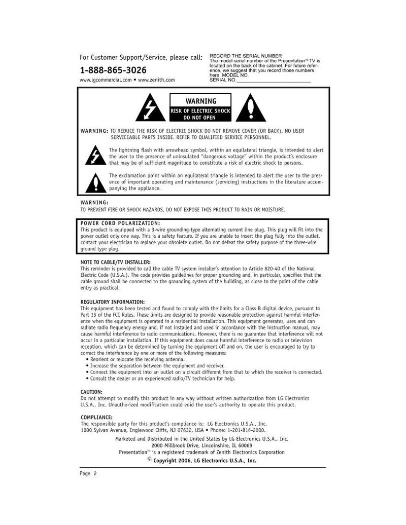 Zenith H27H49S TV Operating Manual