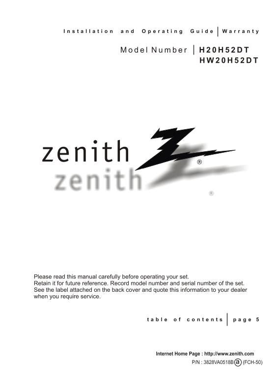 Zenith H20H52DT HW20H52DT TV Operating Manual