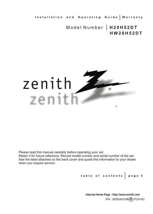 Zenith H20H52DT HW20H52DT TV Operating Manual