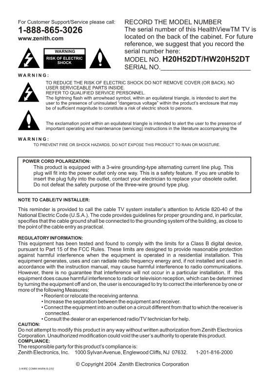 Zenith H20H52DT HW20H52DT TV Operating Manual