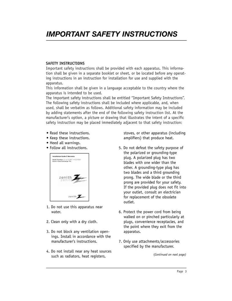 Zenith H27H38DT H32H38DT TV Operating Manual