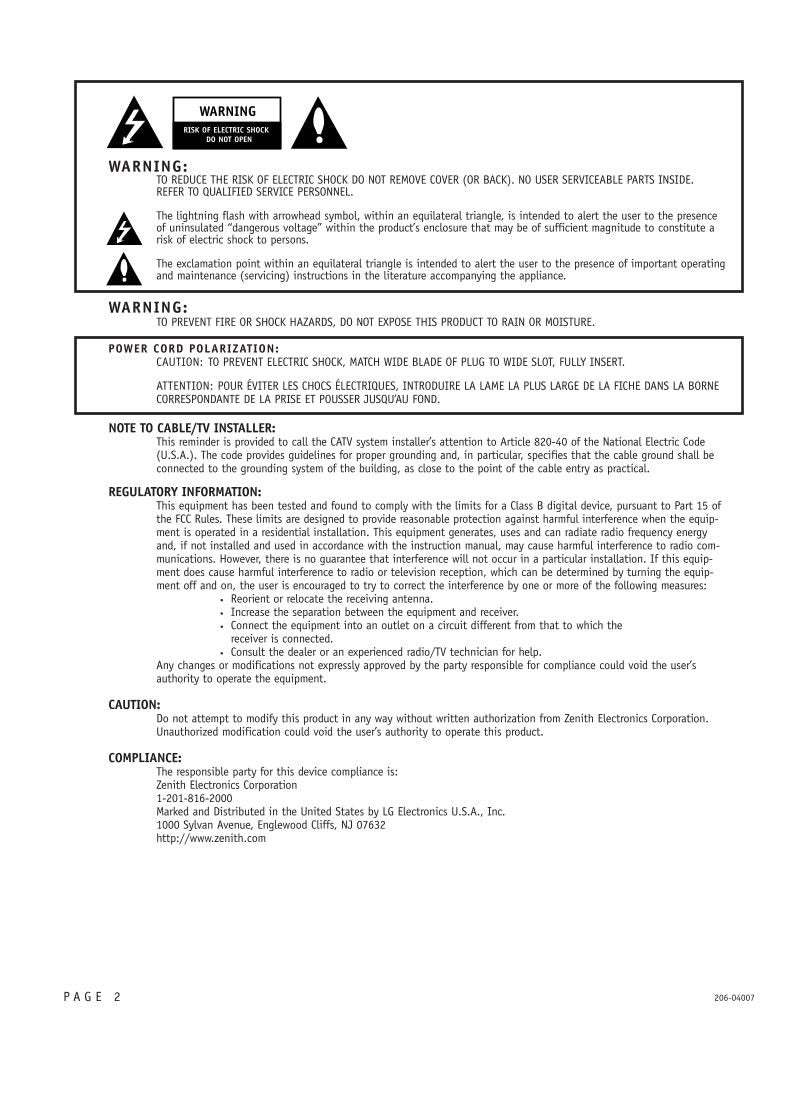 Zenith C30W47 TV Operating Manual