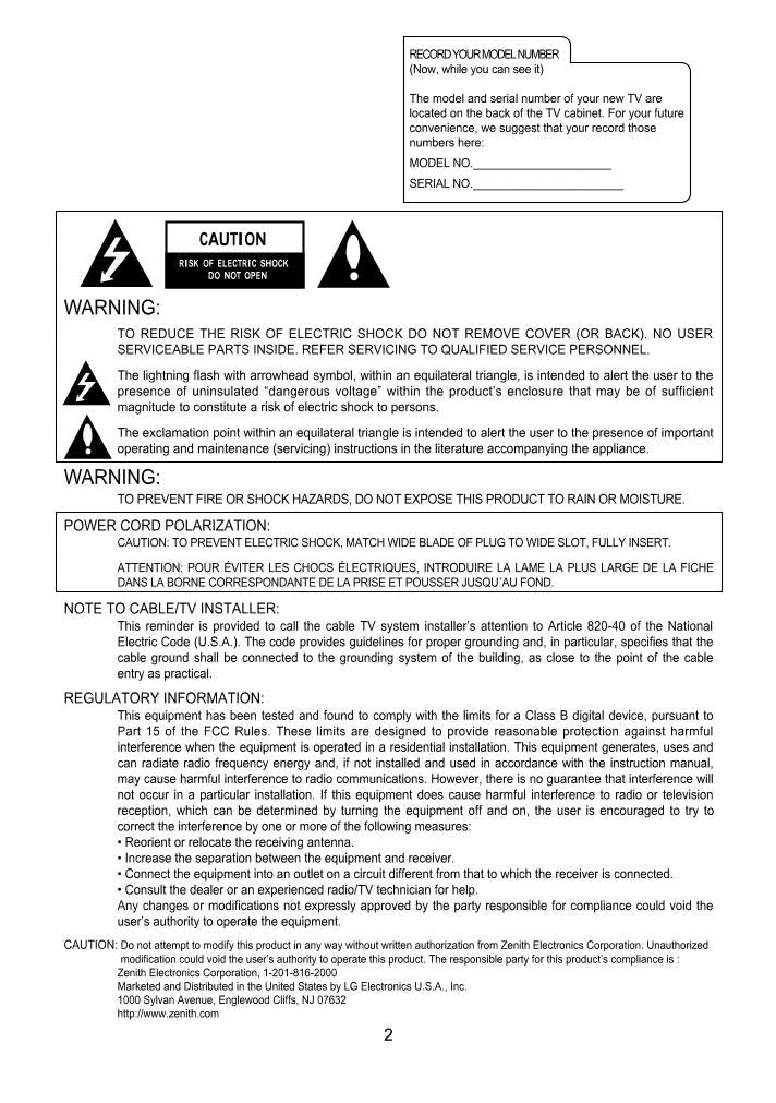 Zenith C30W46 TV Operating Manual