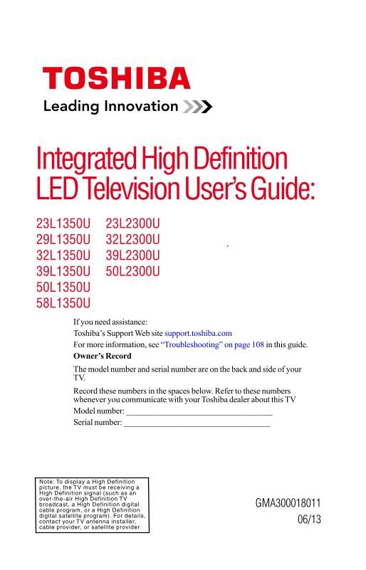 Toshiba 39L2300U TV Operating Manual