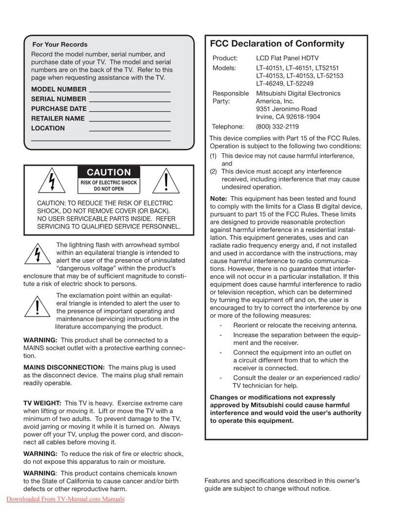 Mitsubishi LT40153 LT46151 LT46153 TV Operating Manual