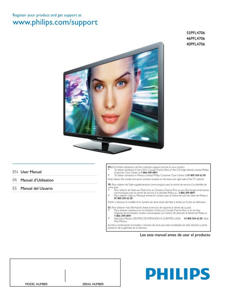 Philips 40PFL4706 46PFL4706 55PFL4706 TV Operating Manual
