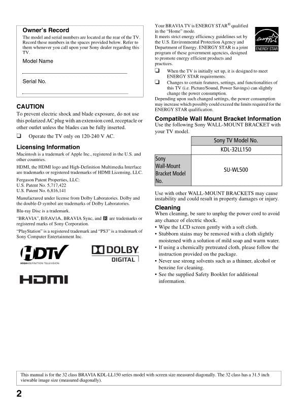 Sony KDL32L5000 KDL32LL150 KDL37L5000 TV Operating Manual