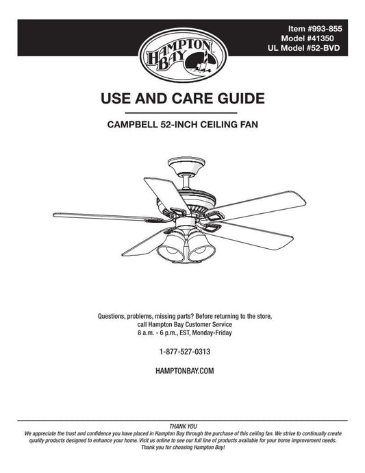 Hampton Bay 41359 Campbell 52 in Brushed Nickel om Ceiling Fan Operating Manual