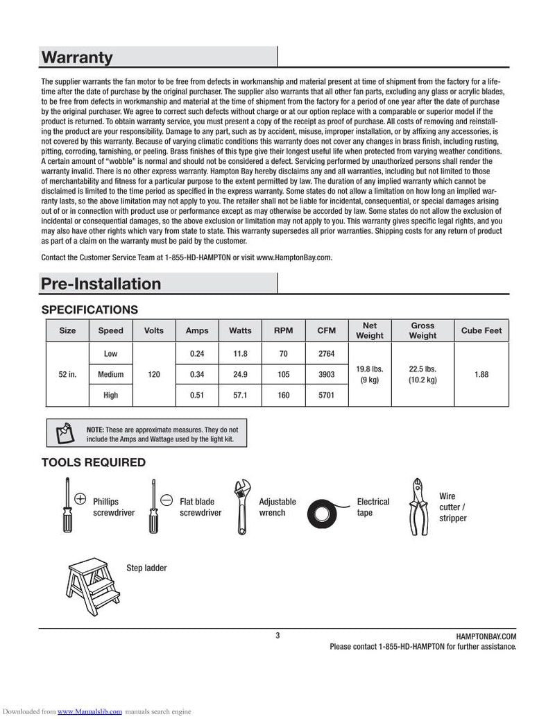 Hampton Bay 52-SKV FLOWE 52 INCH Ceiling Fan Operating Manual