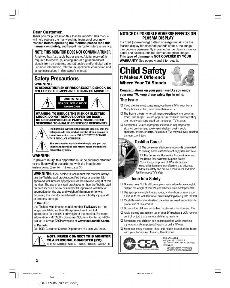 Toshiba 42DPC85 TV Operating Manual