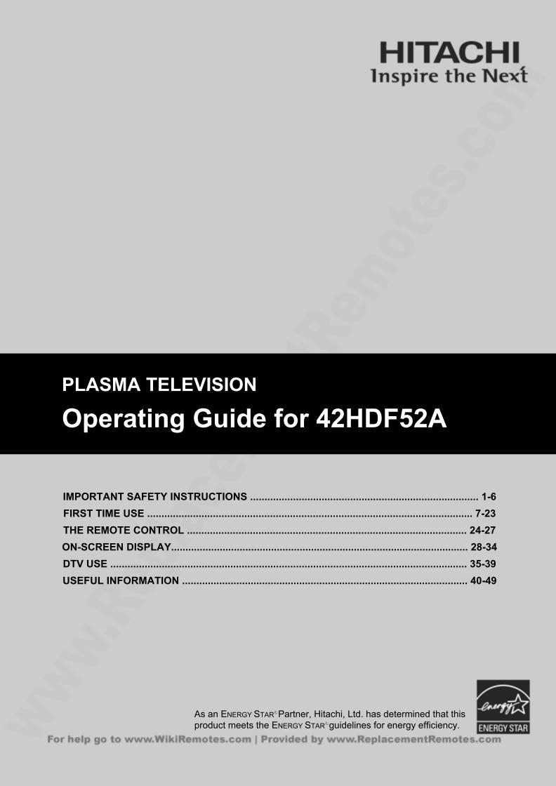 Hitachi 42 HDF 52A TV Operating Manual