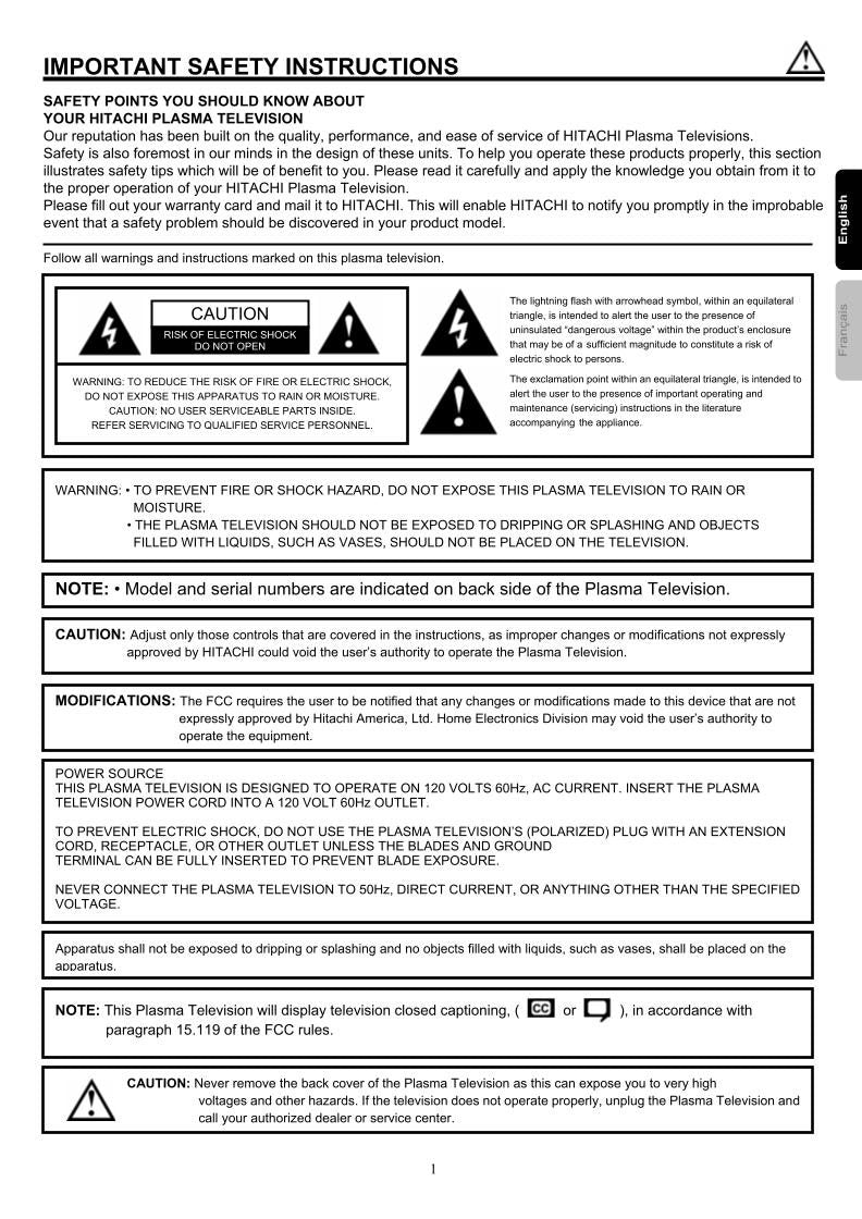 Hitachi 42 HDF 52A TV Operating Manual