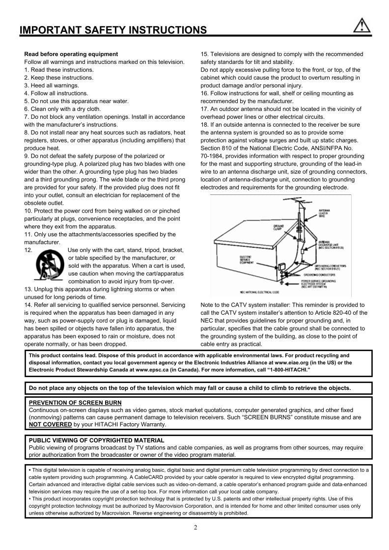 Hitachi 42 HDF 52A TV Operating Manual
